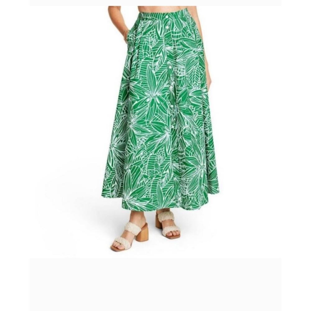 Tabitha Brown for Target Green White Floral Print Button Long Maxi Skirt Large
